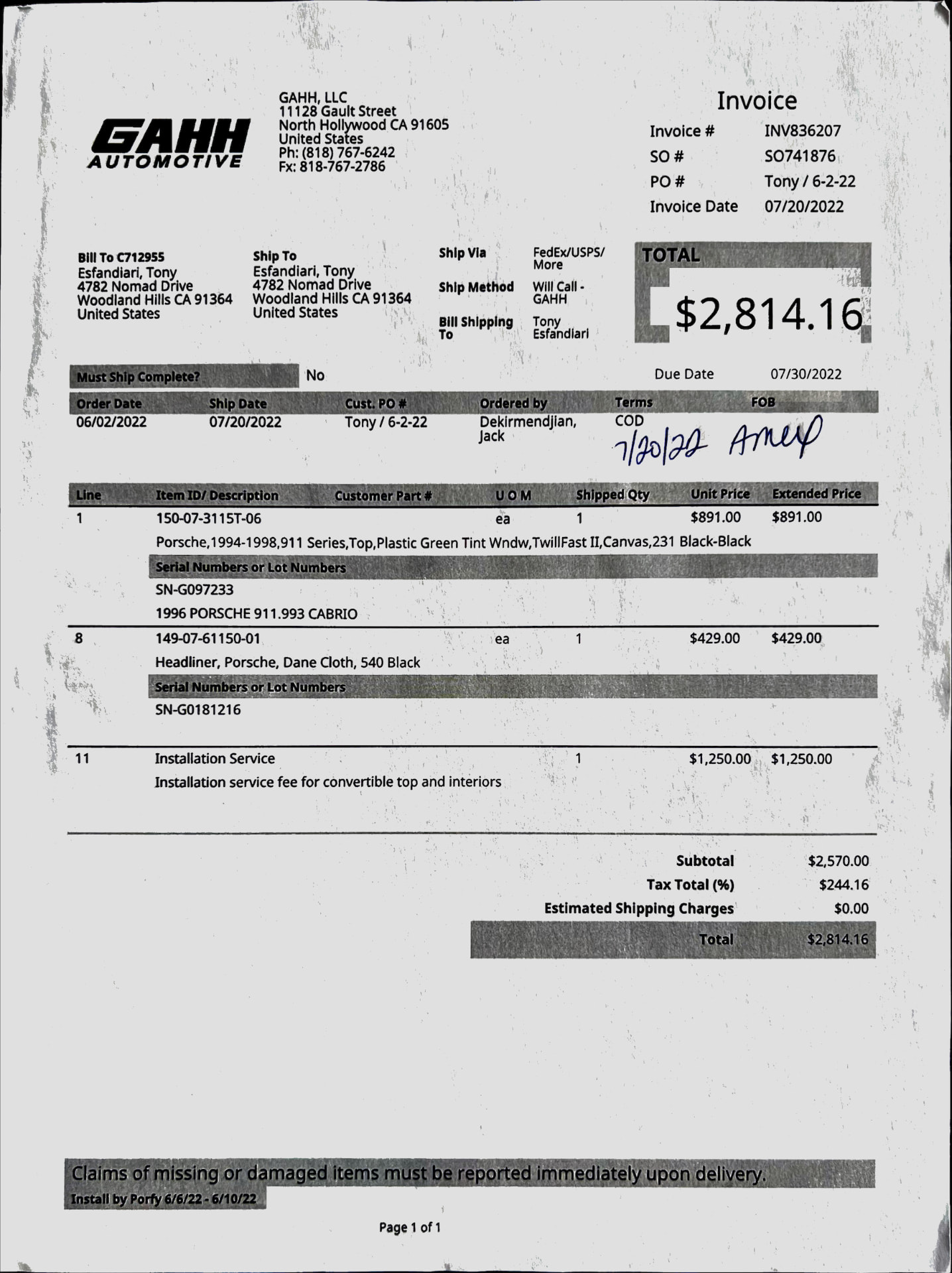 Convertible Top Invoice